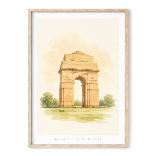 Delhi Arch Study, beige, green, brown minimalist wall art, front artwork view