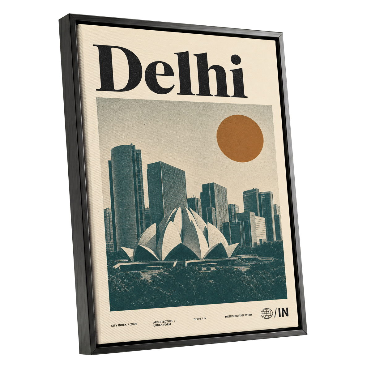 Delhi Modernist, green, beige, black minimalist wall art shown as a black framed canvas wall art