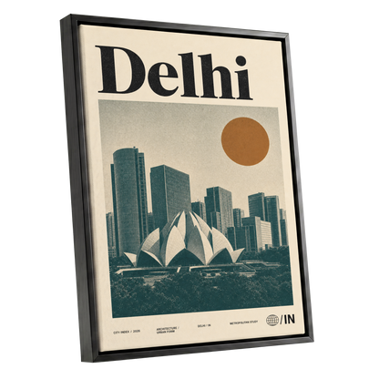 Delhi Modernist, green, beige, black minimalist wall art shown as a black framed canvas wall art