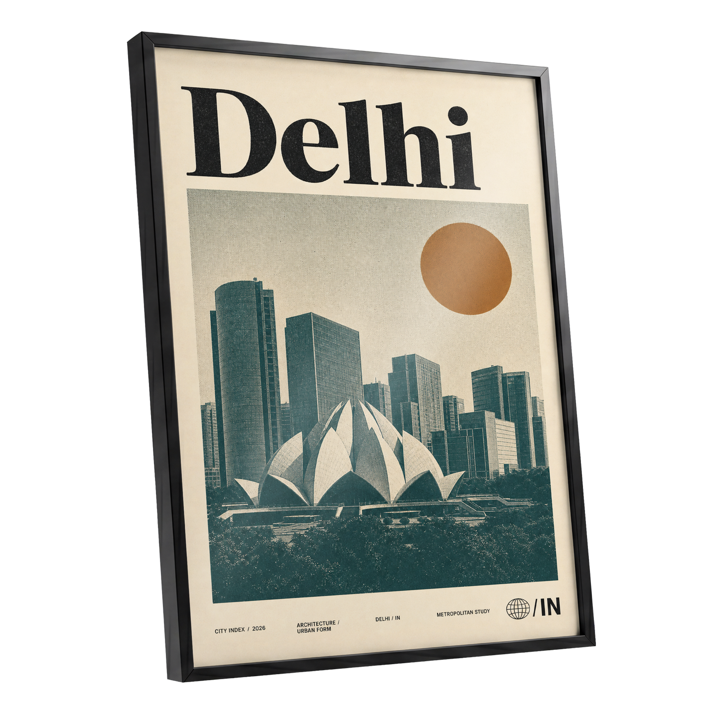 Delhi Modernist, green, beige, black minimalist wall art shown as a black framed poster wall art print