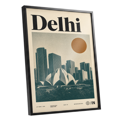 Delhi Modernist, green, beige, black minimalist wall art shown as a black framed poster wall art print