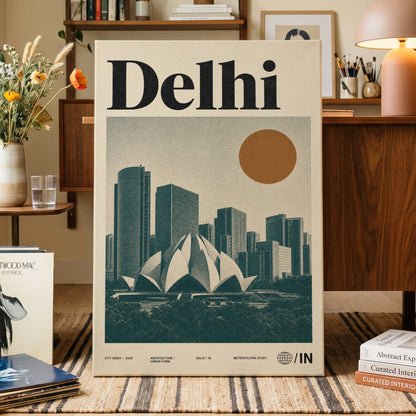 Delhi Modernist, green, beige, black minimalist wall art on canvas displayed in a styled interior, gallery view 1
