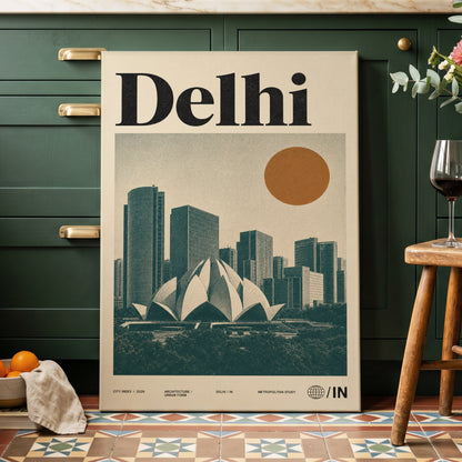 Delhi Modernist, green, beige, black minimalist wall art on canvas displayed in a styled interior, gallery view 2