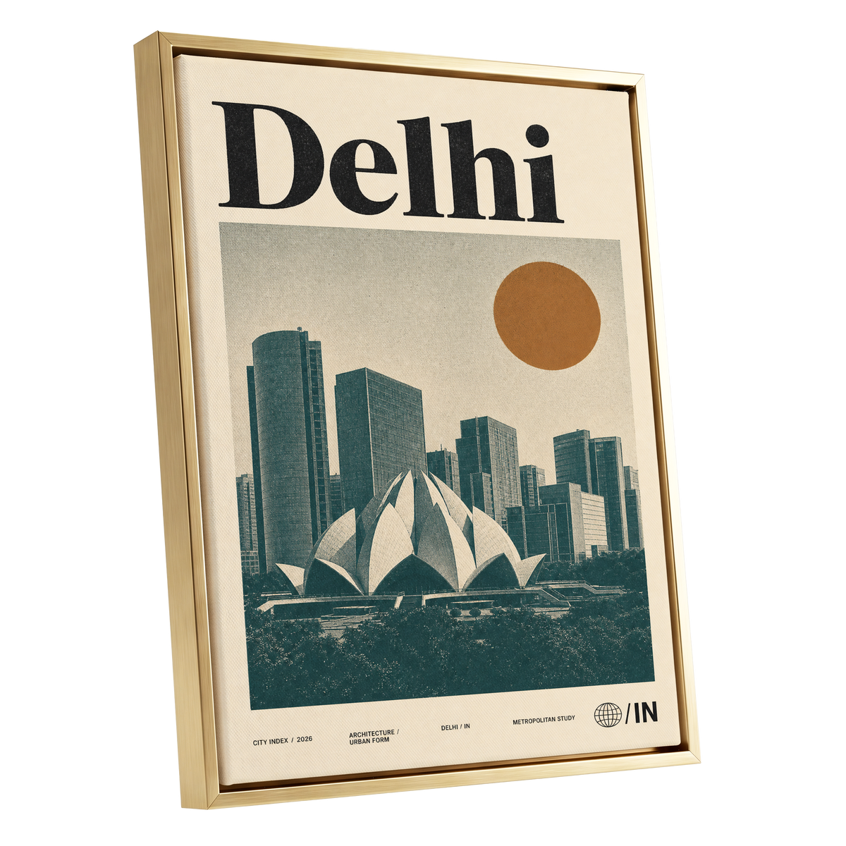 Delhi Modernist, green, beige, black minimalist wall art shown as a gold framed canvas wall art