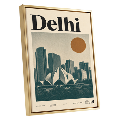 Delhi Modernist, green, beige, black minimalist wall art shown as a gold framed canvas wall art