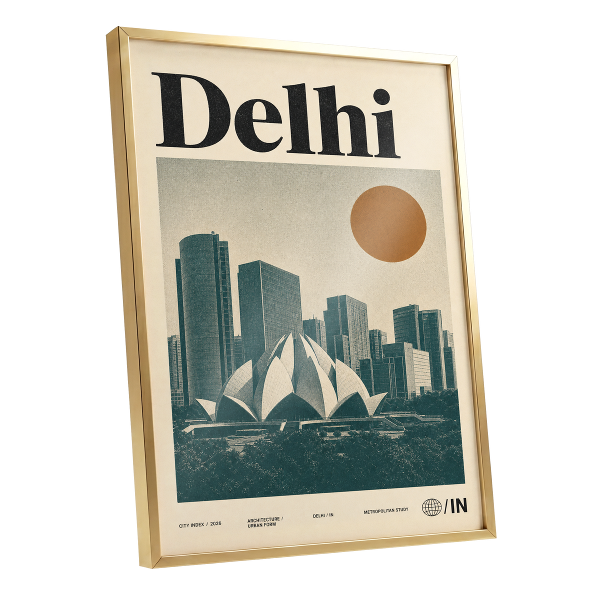 Delhi Modernist, green, beige, black minimalist wall art shown as a gold framed poster wall art print