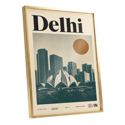 Delhi Modernist, green, beige, black minimalist wall art shown as a gold framed poster wall art print