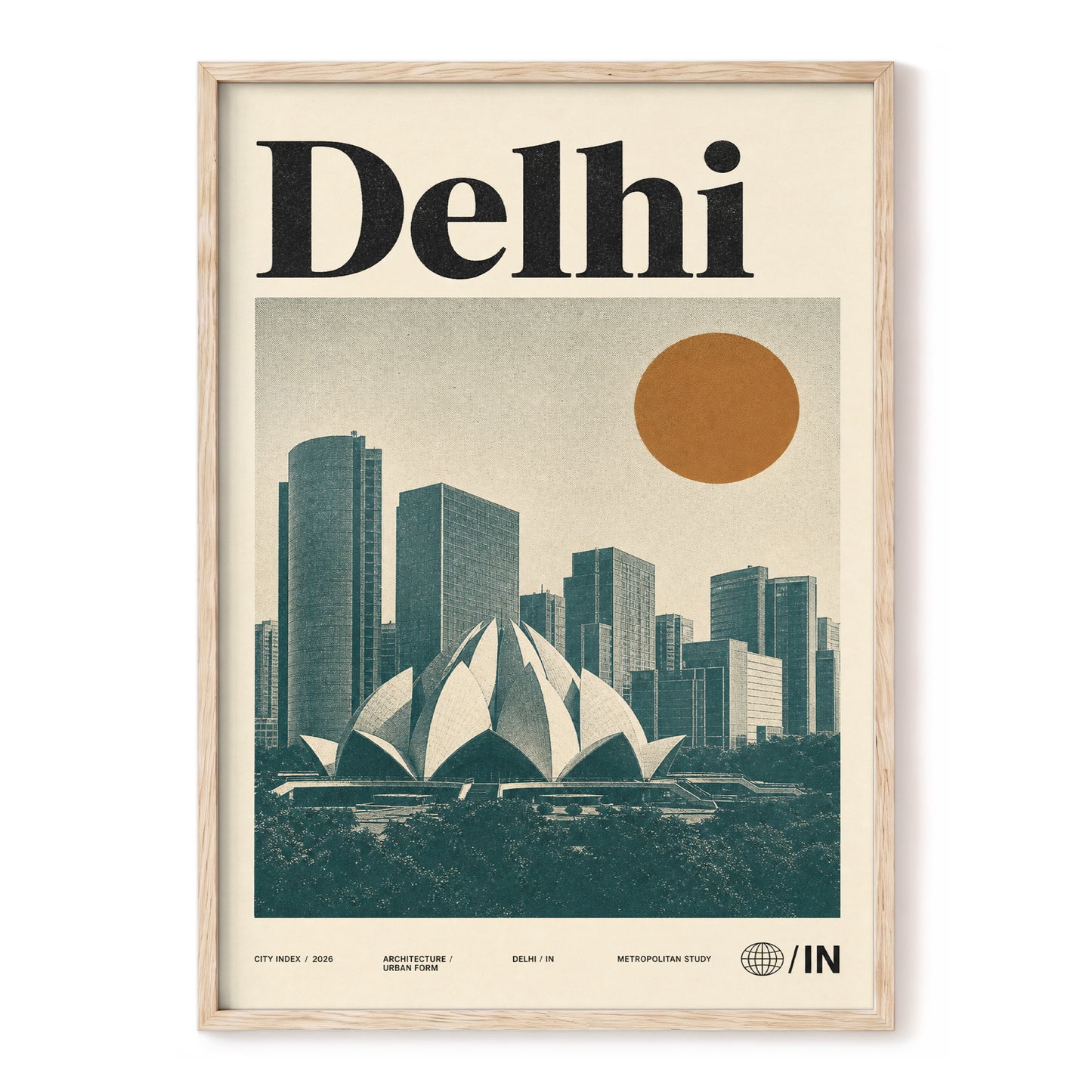 Delhi Modernist, green, beige, black minimalist wall art, front artwork view