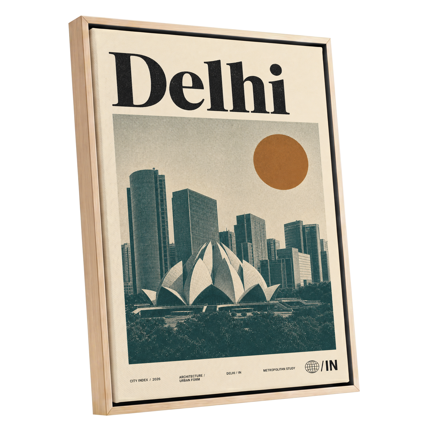 Delhi Modernist, green, beige, black minimalist wall art shown as a oak framed canvas wall art