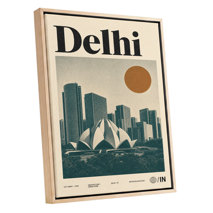 Delhi Modernist, green, beige, black minimalist wall art shown as a oak framed canvas wall art
