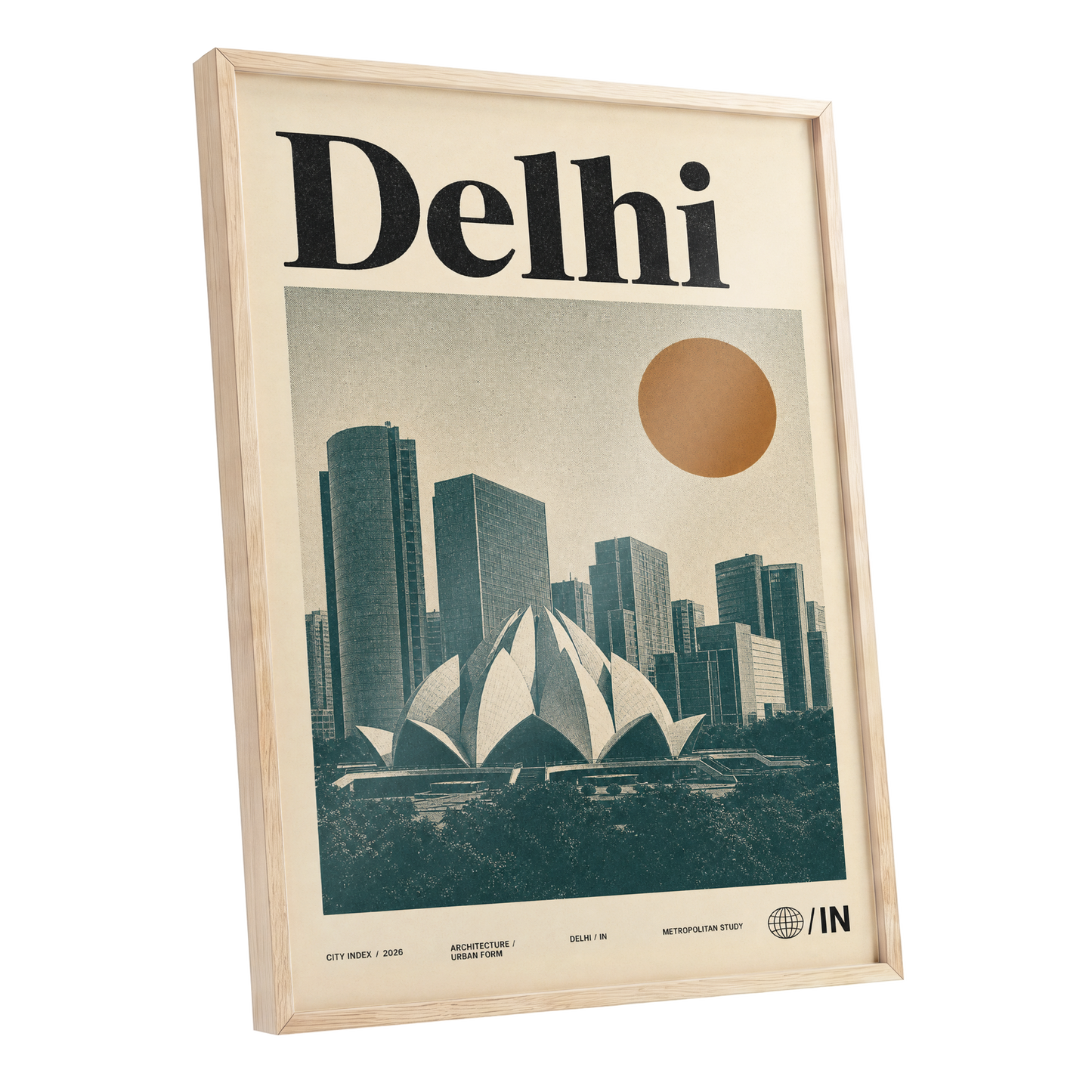 Delhi Modernist, green, beige, black minimalist wall art shown as a oak framed poster wall art print
