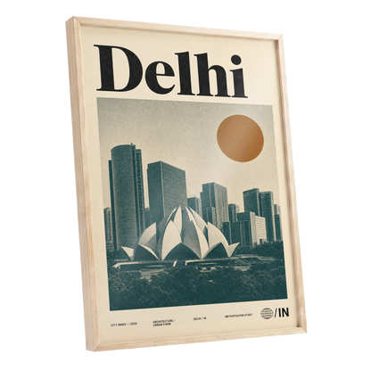 Delhi Modernist, green, beige, black minimalist wall art shown as a oak framed poster wall art print