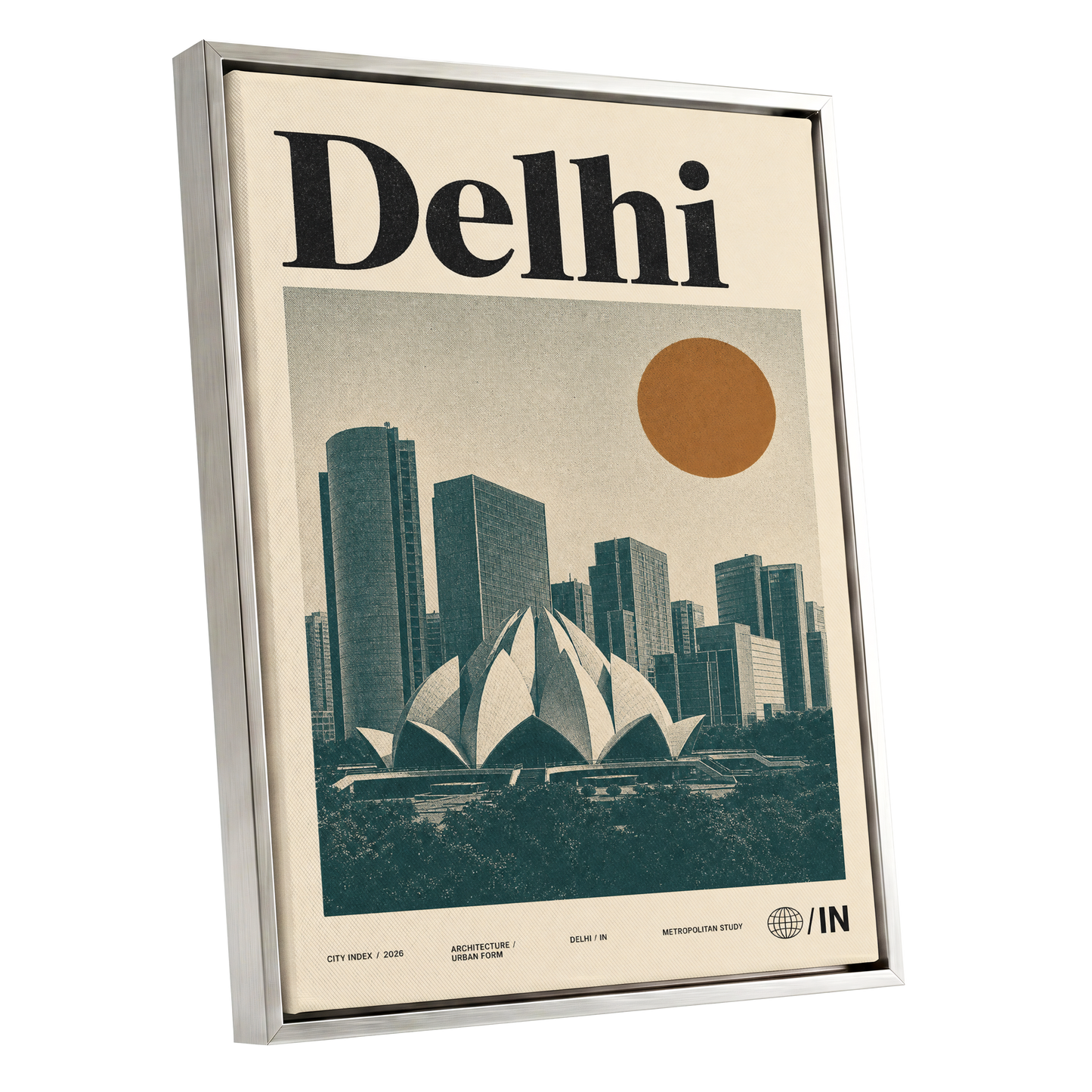 Delhi Modernist, green, beige, black minimalist wall art shown as a silver framed canvas wall art
