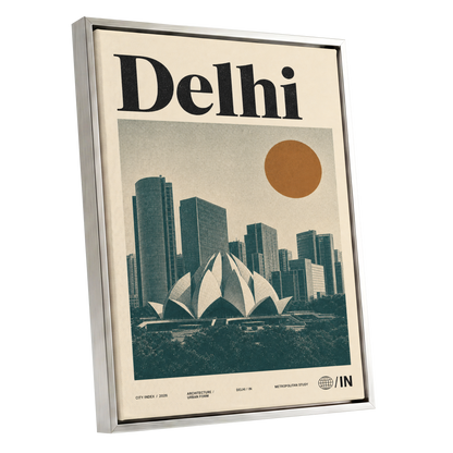 Delhi Modernist, green, beige, black minimalist wall art shown as a silver framed canvas wall art