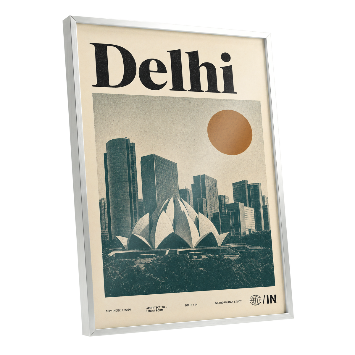 Delhi Modernist, green, beige, black minimalist wall art shown as a silver framed poster wall art print