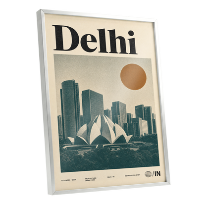 Delhi Modernist, green, beige, black minimalist wall art shown as a silver framed poster wall art print
