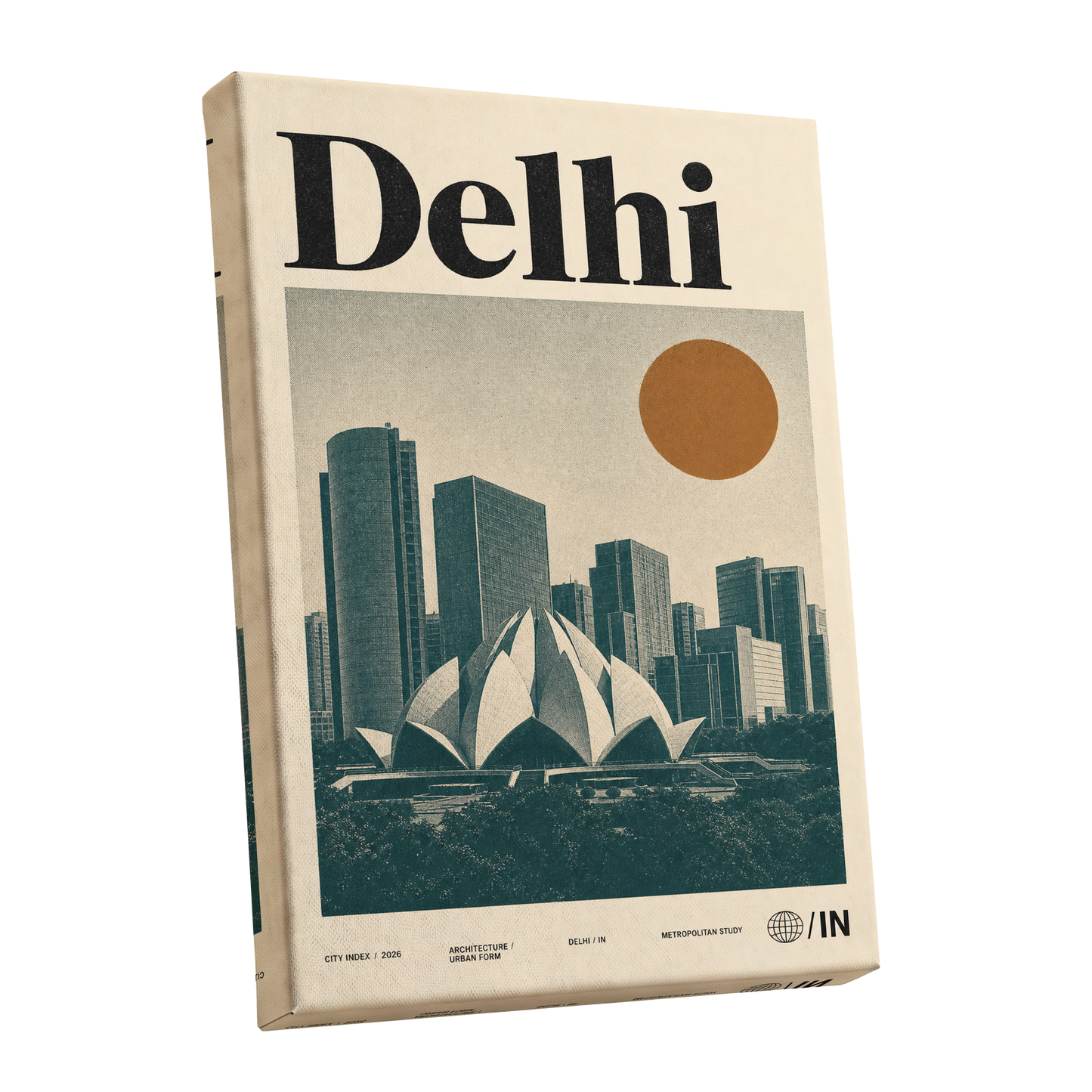 Delhi Modernist, green, beige, black minimalist wall art shown as a stretched canvas wall art