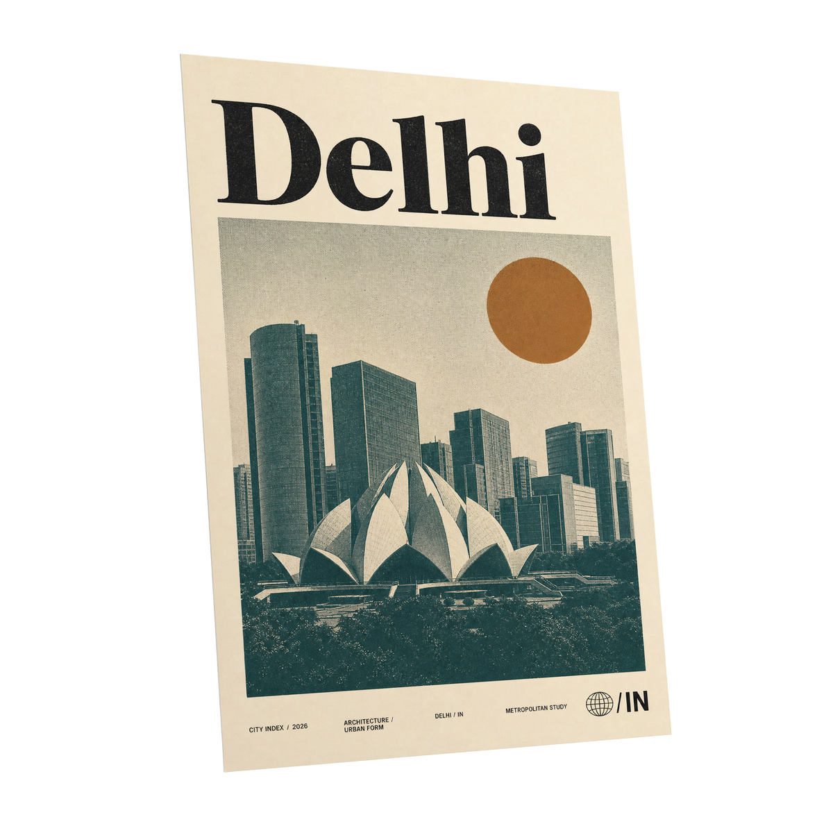 Delhi Modernist, green, beige, black minimalist wall art shown as a unframed poster wall art print