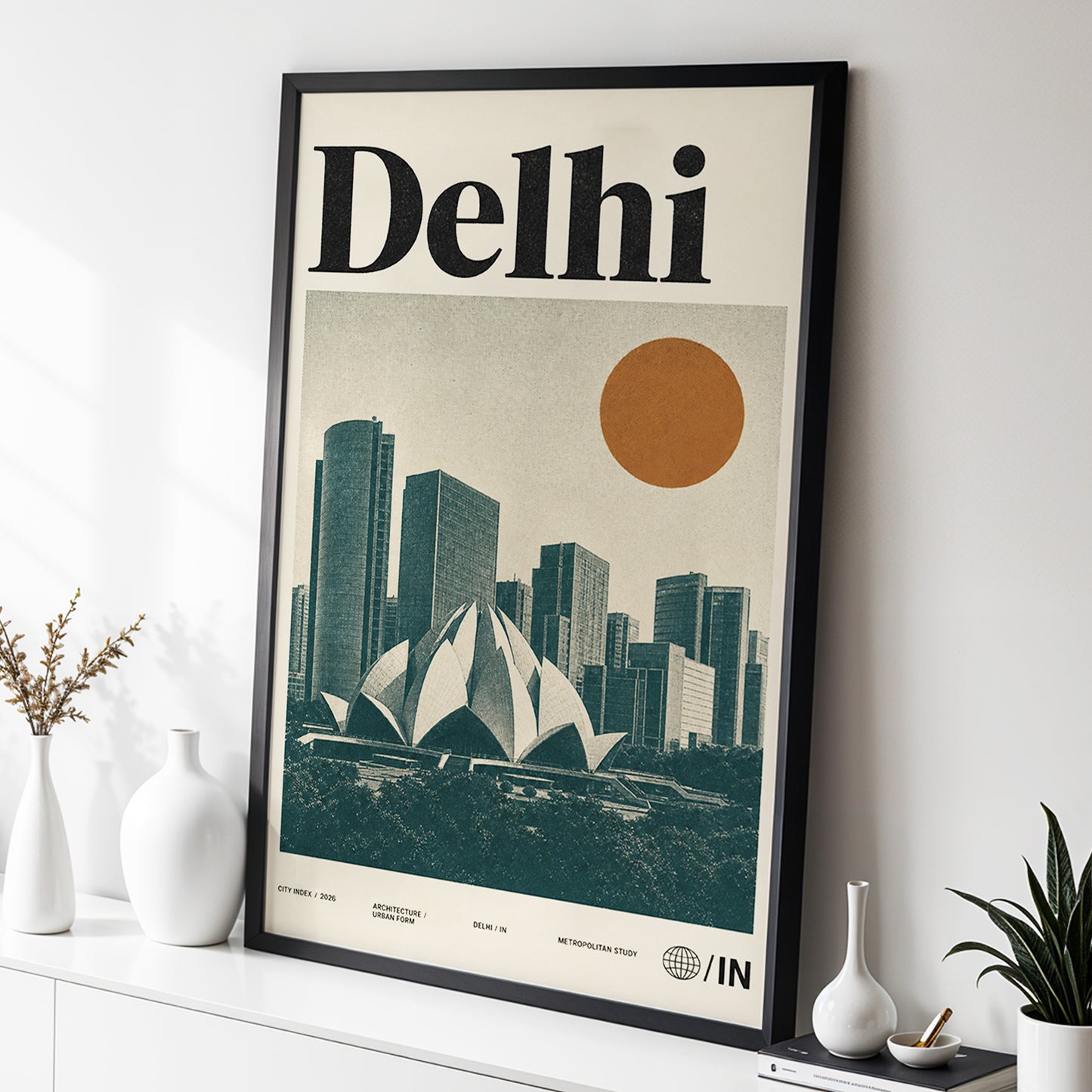 Delhi Modernist, green, beige, black minimalist wall art displayed in a styled interior, gallery view 2