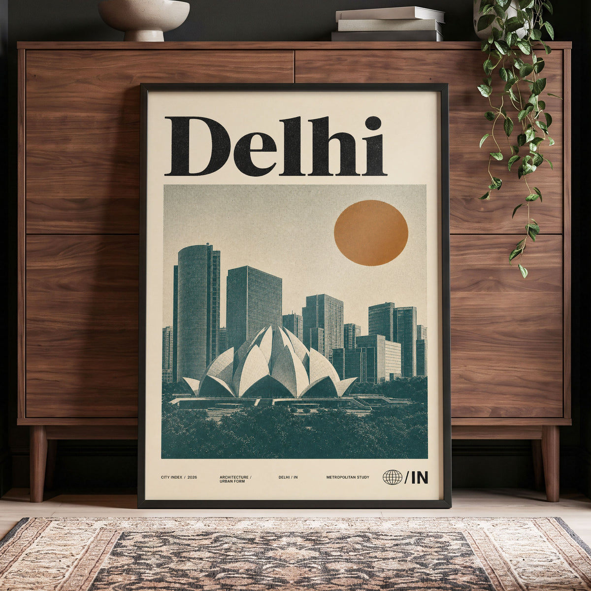 Delhi Modernist, green, beige, black minimalist wall art displayed in a styled interior, gallery view 4