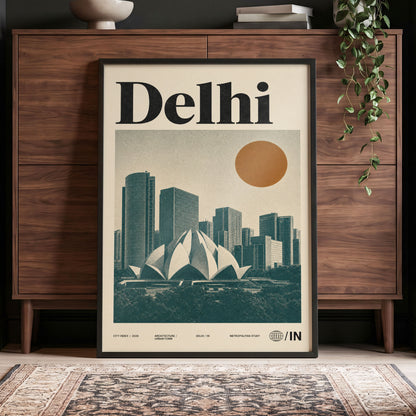 Delhi Modernist, green, beige, black minimalist wall art displayed in a styled interior, gallery view 4