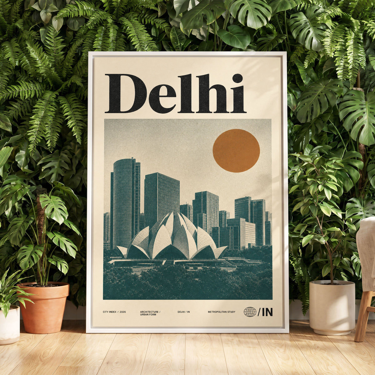 Delhi Modernist, green, beige, black minimalist wall art displayed in a styled interior, gallery view 5