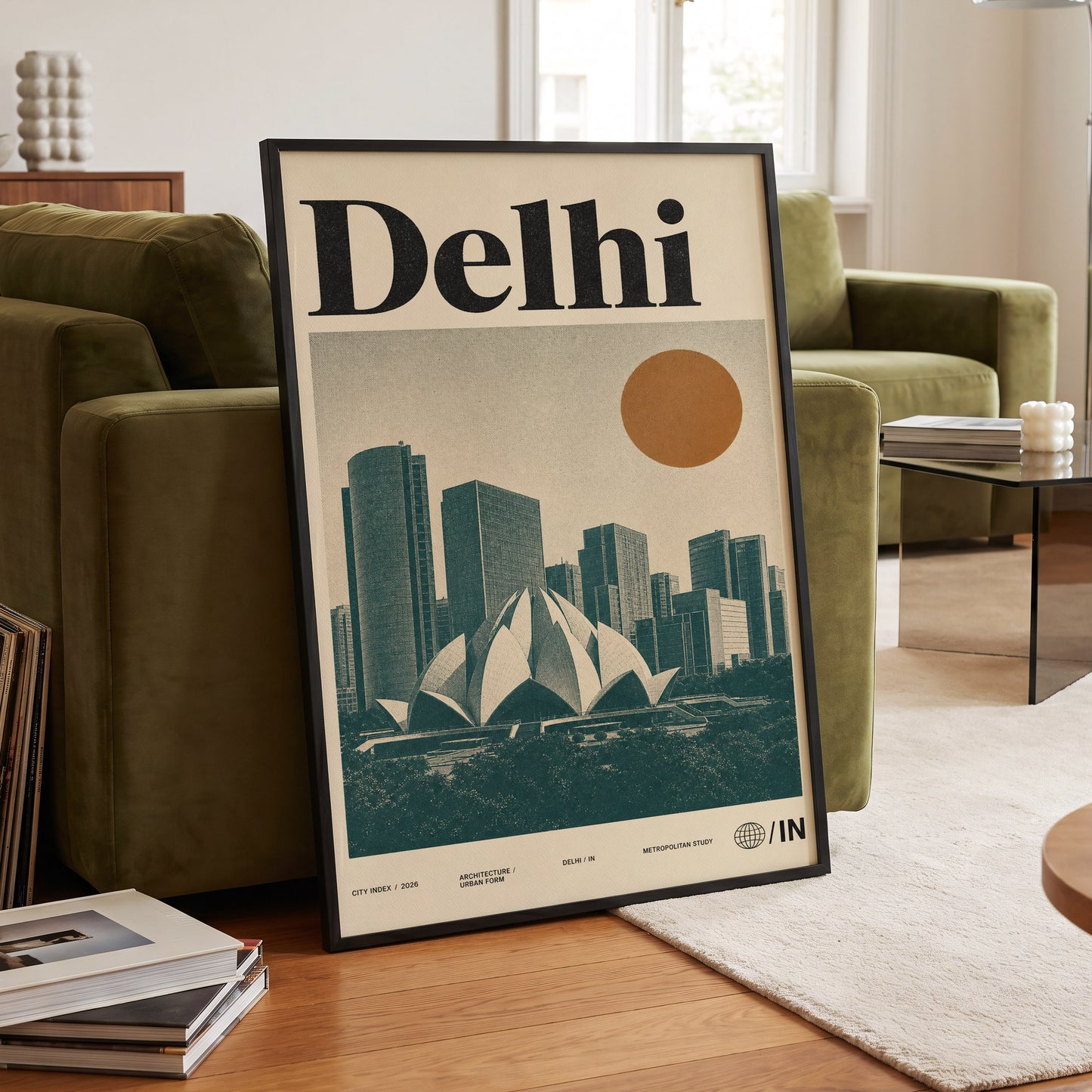 Delhi Modernist, green, beige, black minimalist wall art displayed in a styled interior, gallery view 6