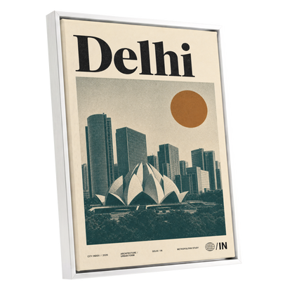 Delhi Modernist, green, beige, black minimalist wall art shown as a white framed canvas wall art