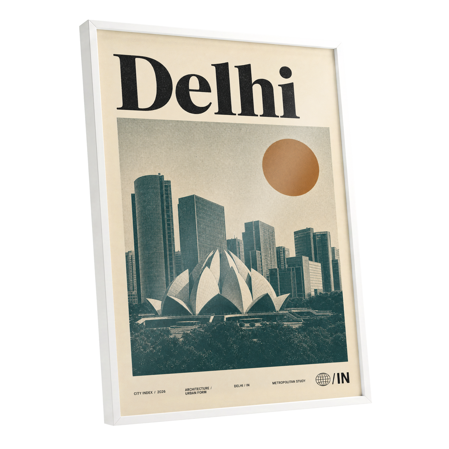 Delhi Modernist, green, beige, black minimalist wall art shown as a white framed poster wall art print