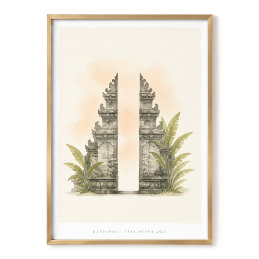 Denpasar Gateway, beige, gray, green minimalist wall art, front artwork view