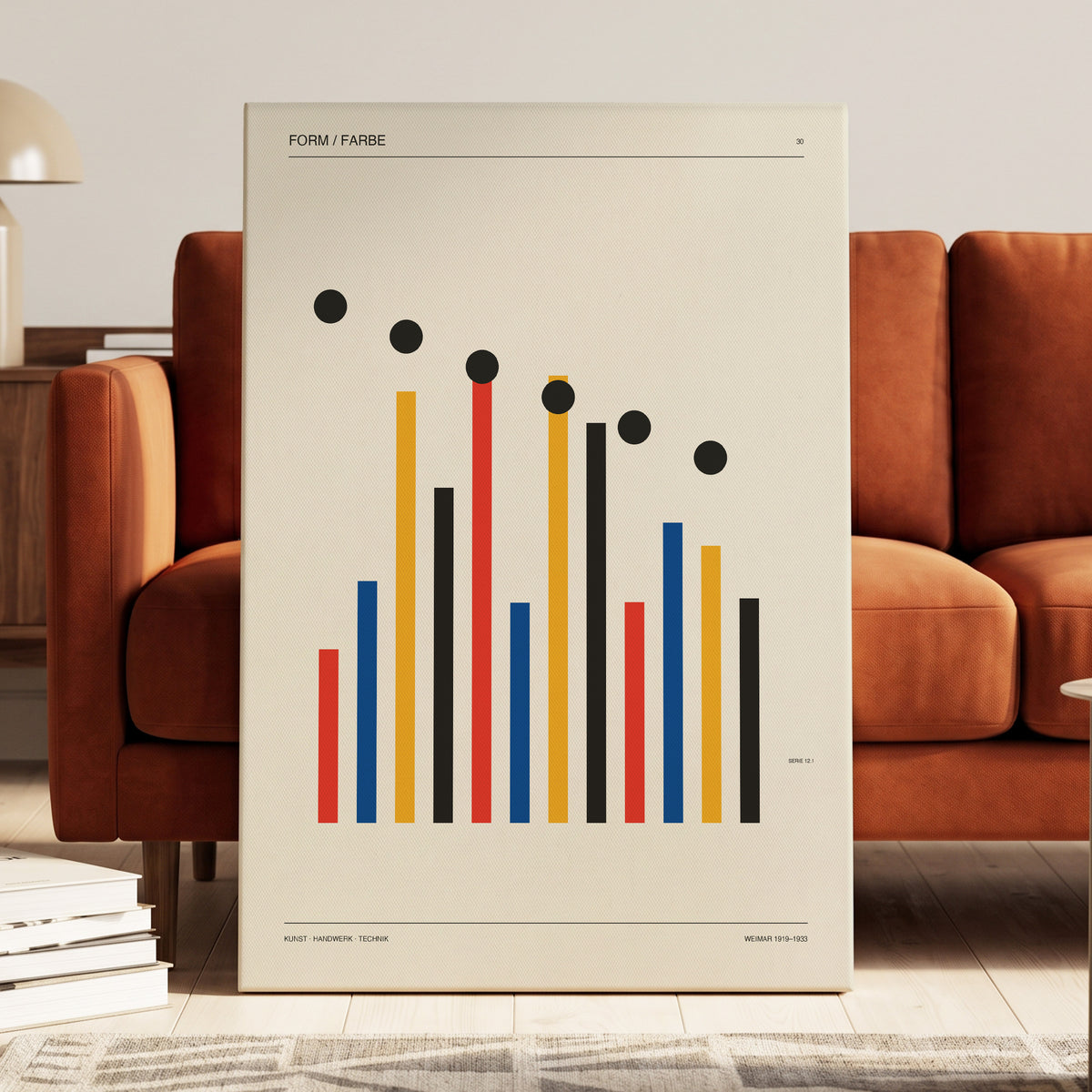 Descending Rhythm, beige, black, gold abstract wall art on canvas displayed in a styled interior, gallery view 1