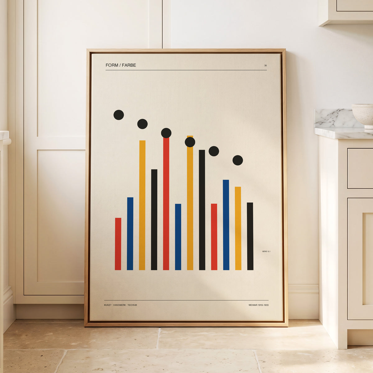 Descending Rhythm, beige, black, gold abstract wall art displayed in a styled interior, gallery view 2