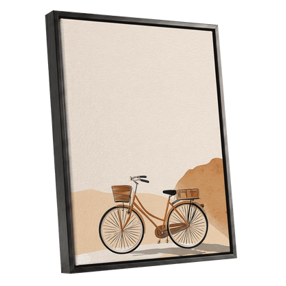 Desert Bicycle, beige, brown, orange minimalist wall art shown as a black framed canvas wall art
