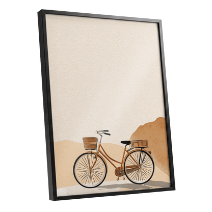 Desert Bicycle, beige, brown, orange minimalist wall art shown as a black framed poster wall art print