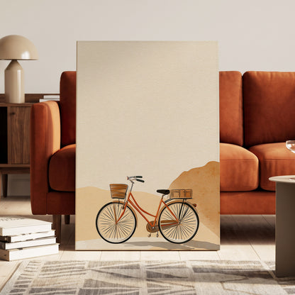 Desert Bicycle, beige, brown, orange minimalist wall art on canvas displayed in a styled interior, gallery view 1