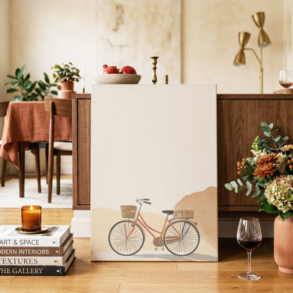 Desert Bicycle, beige, brown, orange minimalist wall art on canvas displayed in a styled interior, gallery view 2