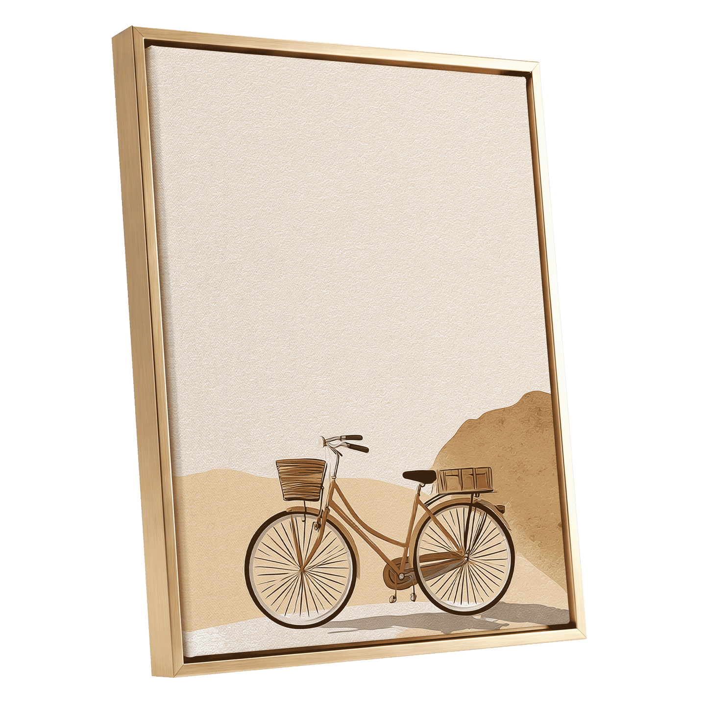 Desert Bicycle, beige, brown, orange minimalist wall art shown as a gold framed canvas wall art