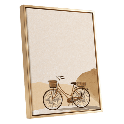 Desert Bicycle, beige, brown, orange minimalist wall art shown as a gold framed canvas wall art