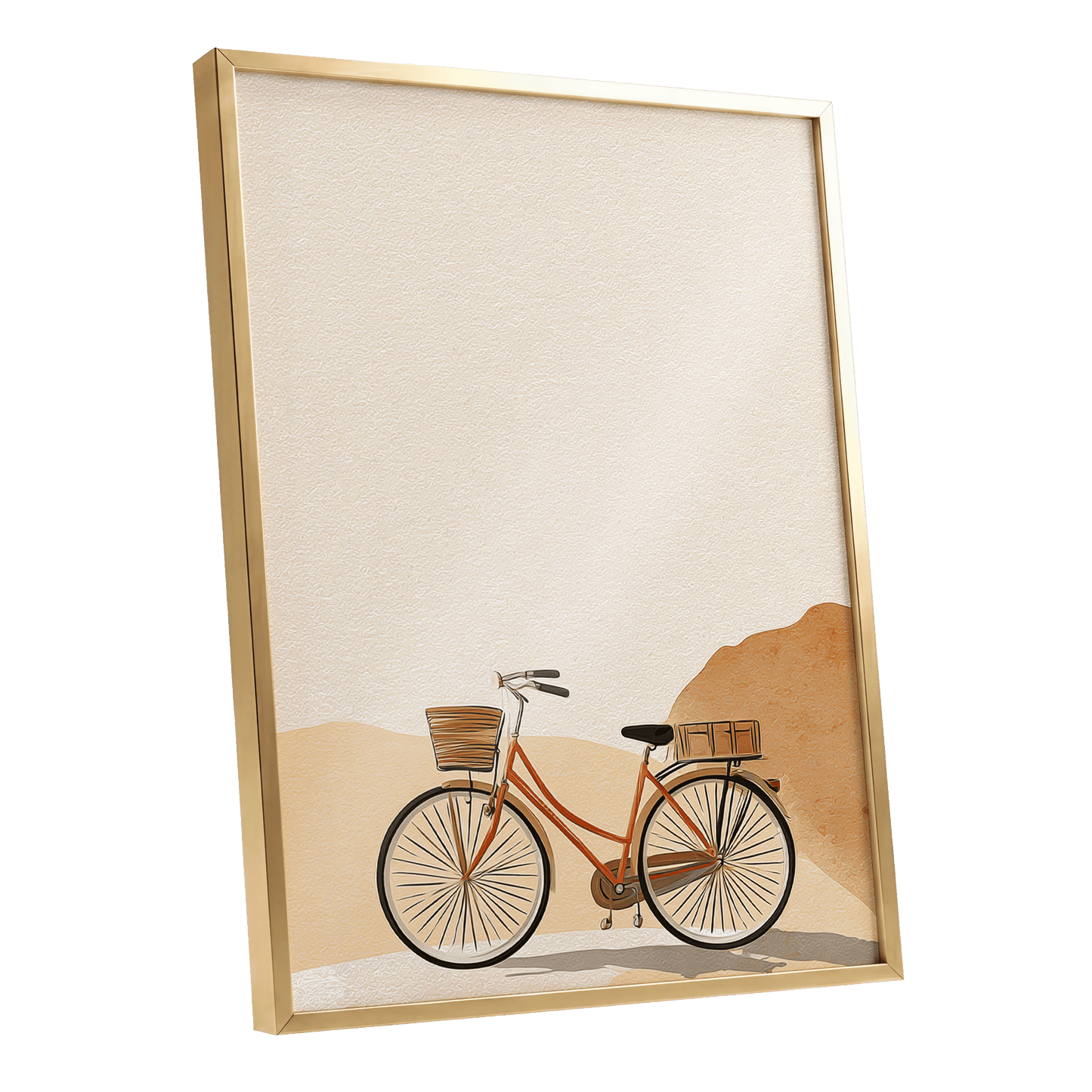 Desert Bicycle, beige, brown, orange minimalist wall art shown as a gold framed poster wall art print