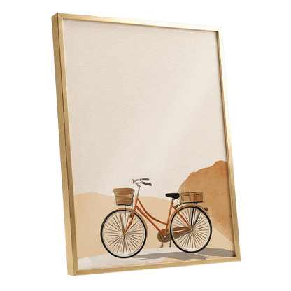 Desert Bicycle, beige, brown, orange minimalist wall art shown as a gold framed poster wall art print