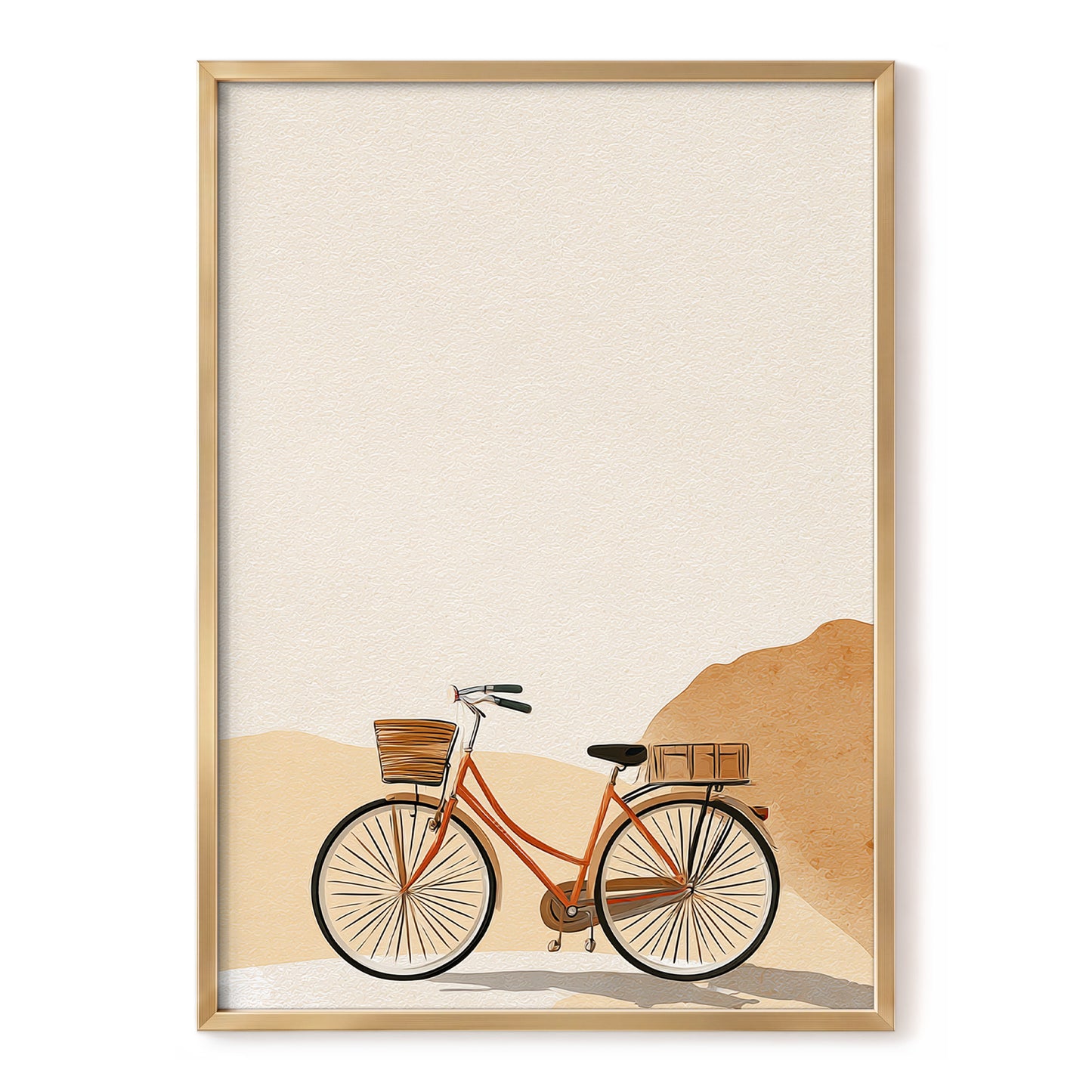 Desert Bicycle, beige, brown, orange minimalist wall art, front artwork view