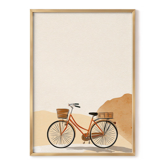 Desert Bicycle, beige, brown, orange minimalist wall art, front artwork view