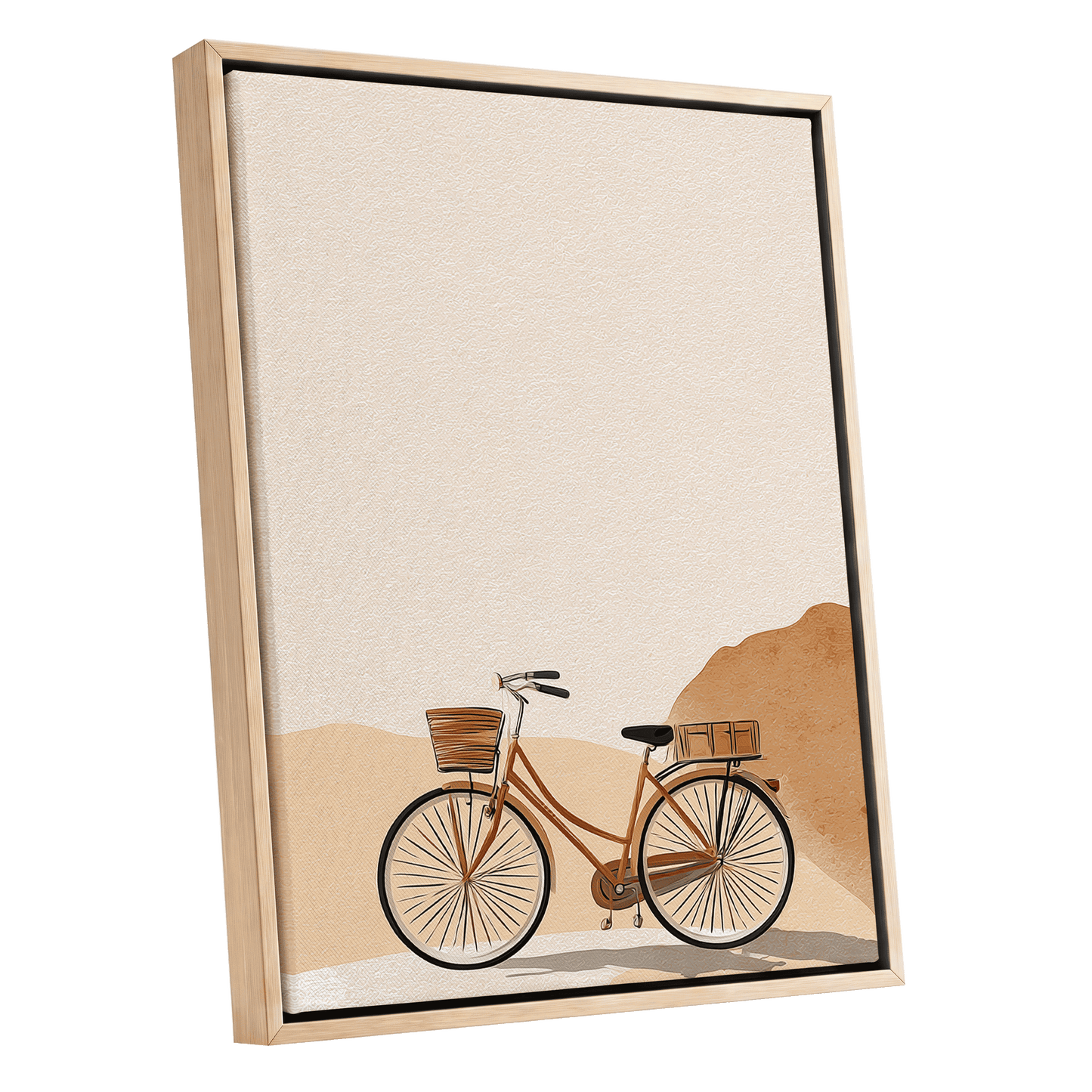 Desert Bicycle, beige, brown, orange minimalist wall art shown as a oak framed canvas wall art
