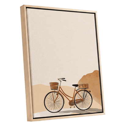 Desert Bicycle, beige, brown, orange minimalist wall art shown as a oak framed canvas wall art