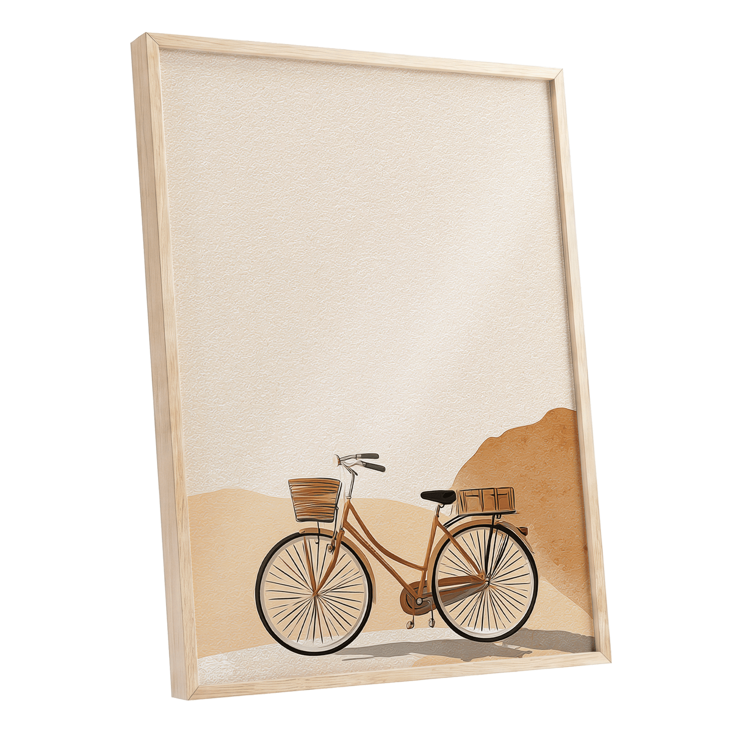 Desert Bicycle, beige, brown, orange minimalist wall art shown as a oak framed poster wall art print