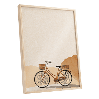 Desert Bicycle, beige, brown, orange minimalist wall art shown as a oak framed poster wall art print