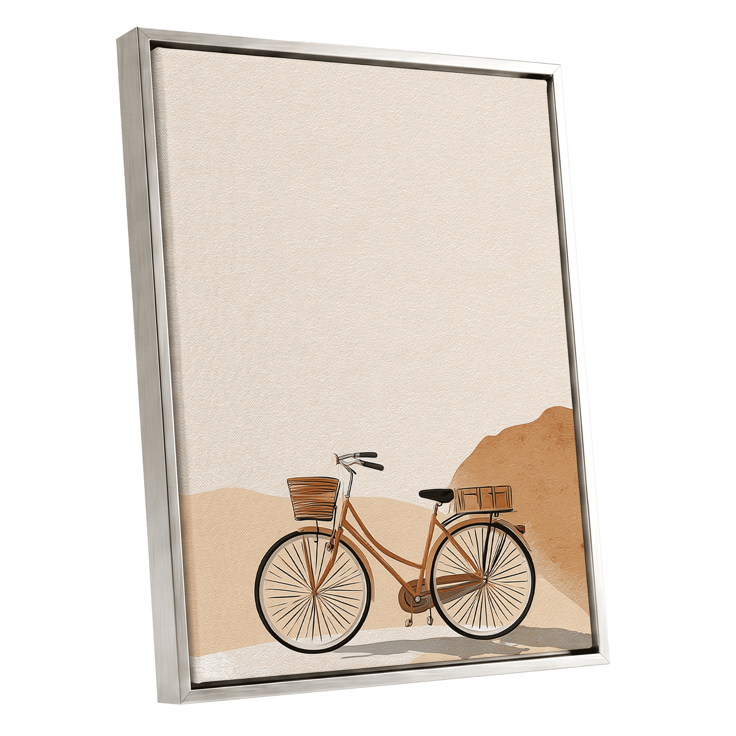 Desert Bicycle, beige, brown, orange minimalist wall art shown as a silver framed canvas wall art