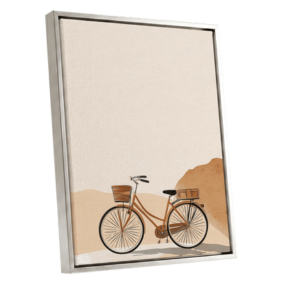 Desert Bicycle, beige, brown, orange minimalist wall art shown as a silver framed canvas wall art
