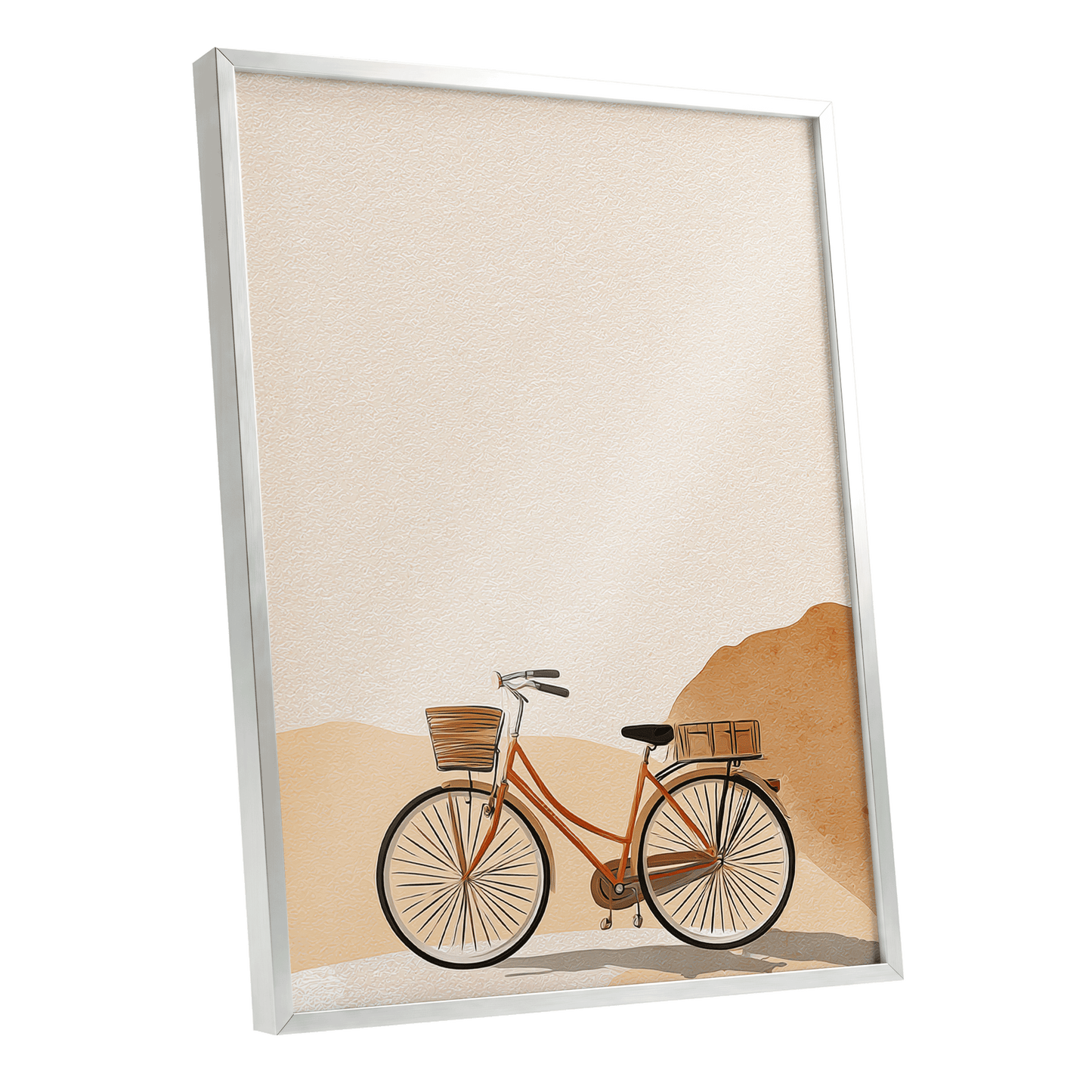 Desert Bicycle, beige, brown, orange minimalist wall art shown as a silver framed poster wall art print