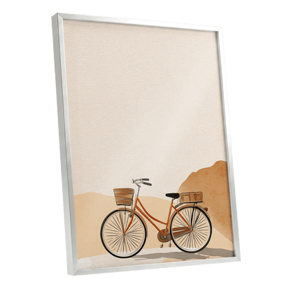 Desert Bicycle, beige, brown, orange minimalist wall art shown as a silver framed poster wall art print
